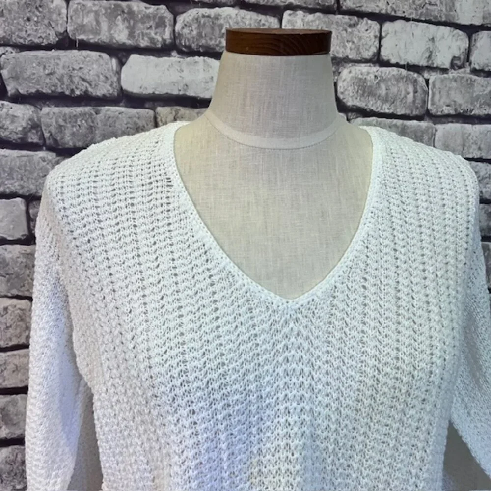 J. Jill White V-Neck 3/4 Sleeve Pullover Sweater Size L